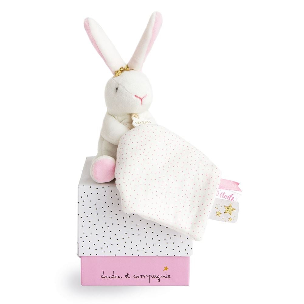 Conejito de peluche rosa con manta Doudou
